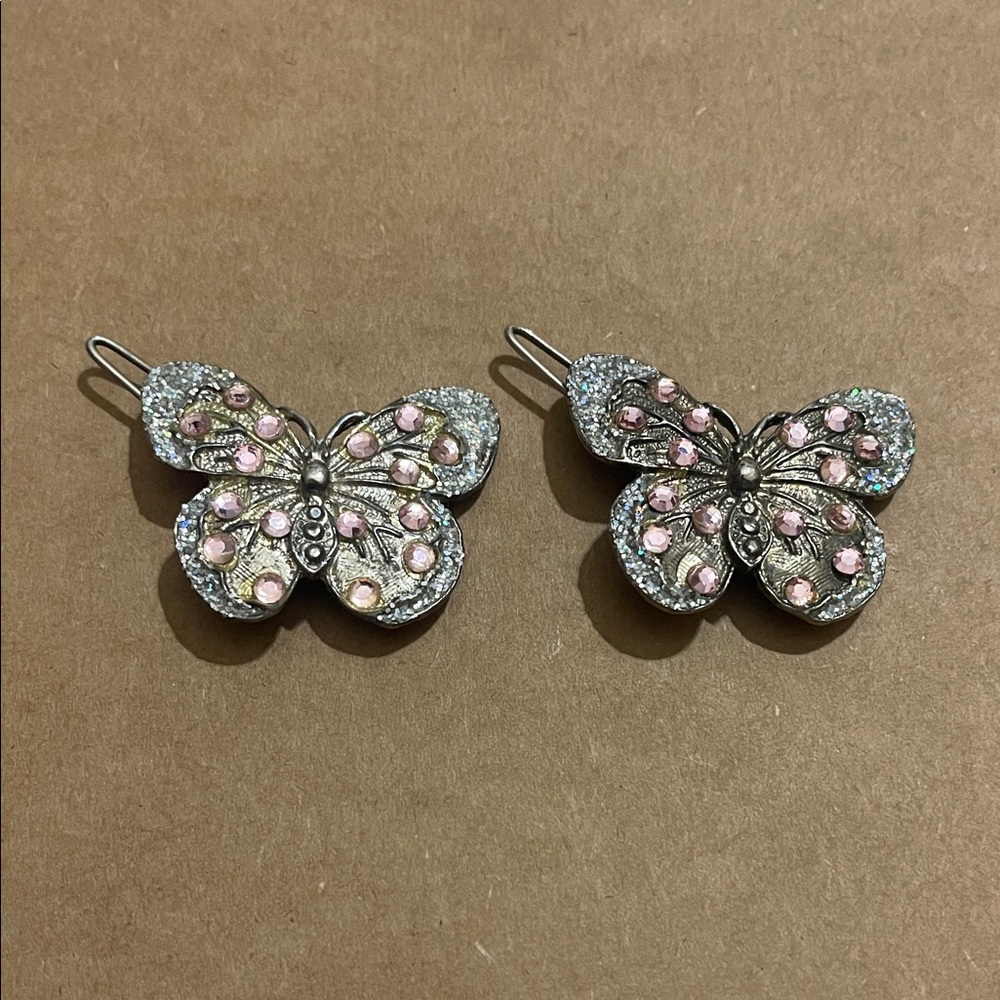 Lot of Two Butterfly Rhinestone Hair Clips with Pink Accents! Unique and pretty!